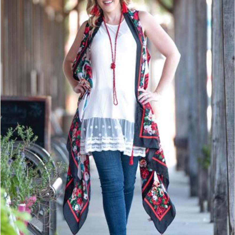 Black, White, Red Rose Vest with Tassels